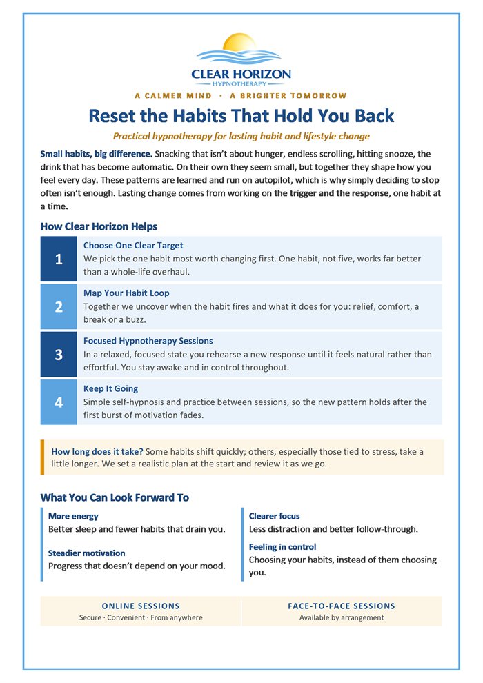 Front page of the Clear Horizon Habit and Lifestyle Reset guide: Reset the Habits That Hold You Back