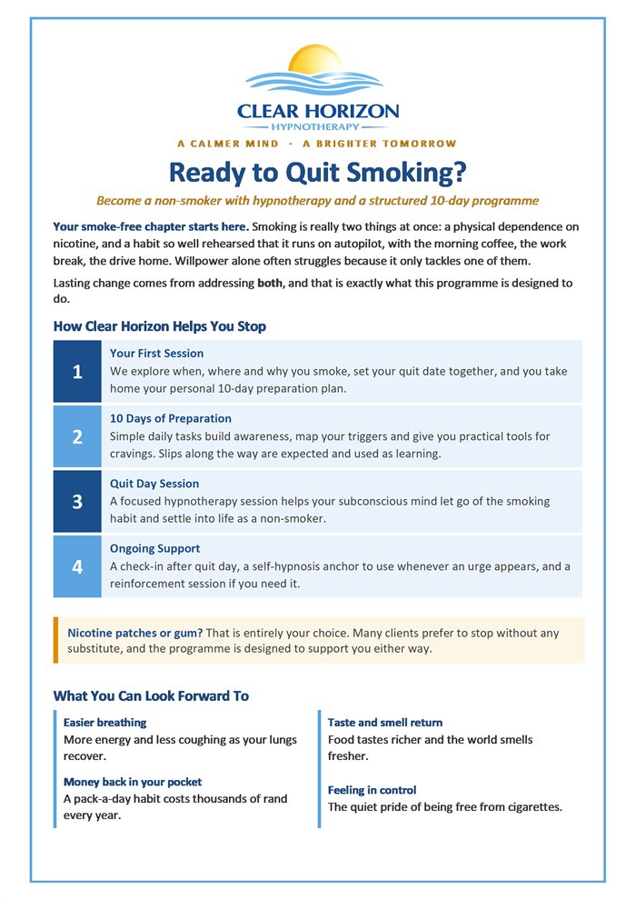 Front page of the Clear Horizon Stop Smoking guide: Ready to Quit Smoking?